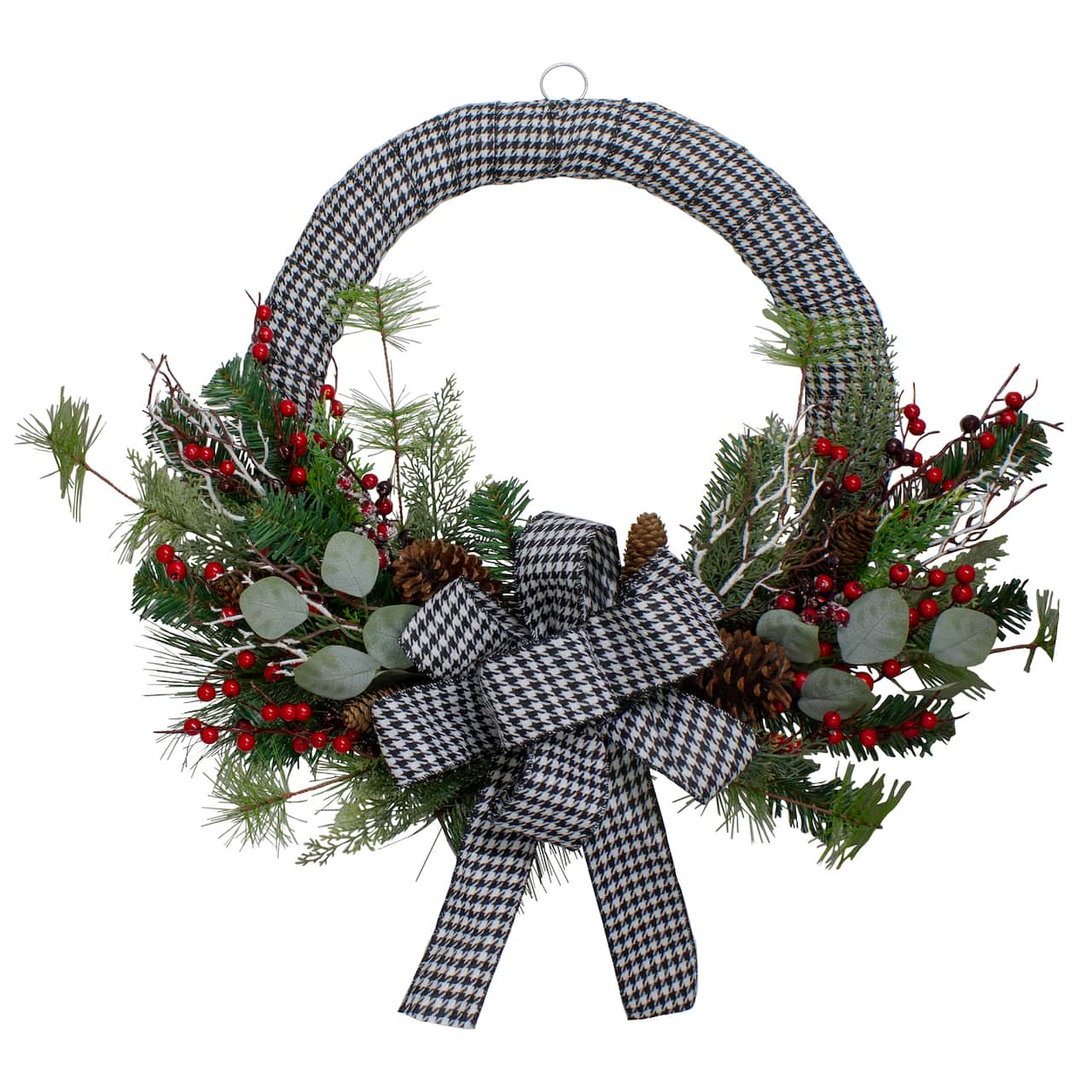 24" Black & White Houndstooth, Pine & Berry Wreath